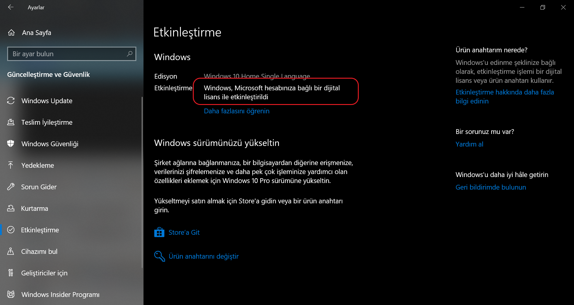 Windows Anahtarının etkinleştirilmiş görüntüsü