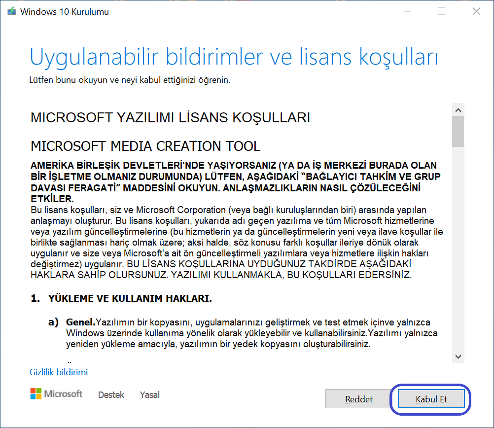 Windows 10 Medya Aracı Lisans Sözleşmesi