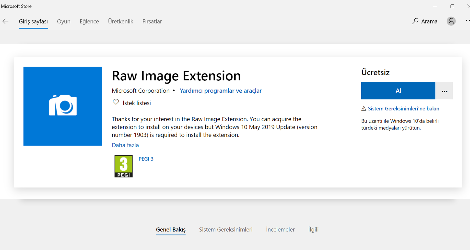 Microsoft Stor'dan Raw Images Extension'ı Ücretsiz Al Sayfası