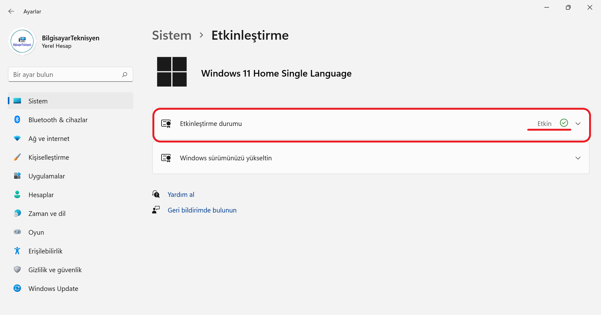 Windows 11 Etkin sayfası görüntüsü