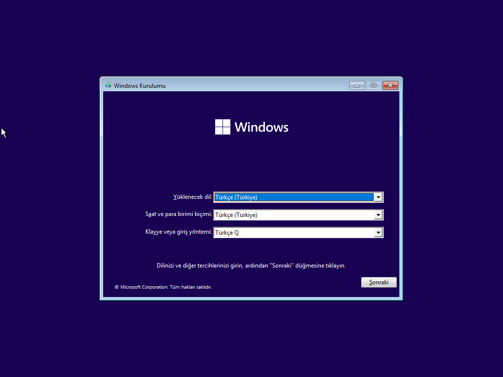 Windows 11 kurulum medyası dil saat ve para birimi klavye ve griş yöntemi seçimi